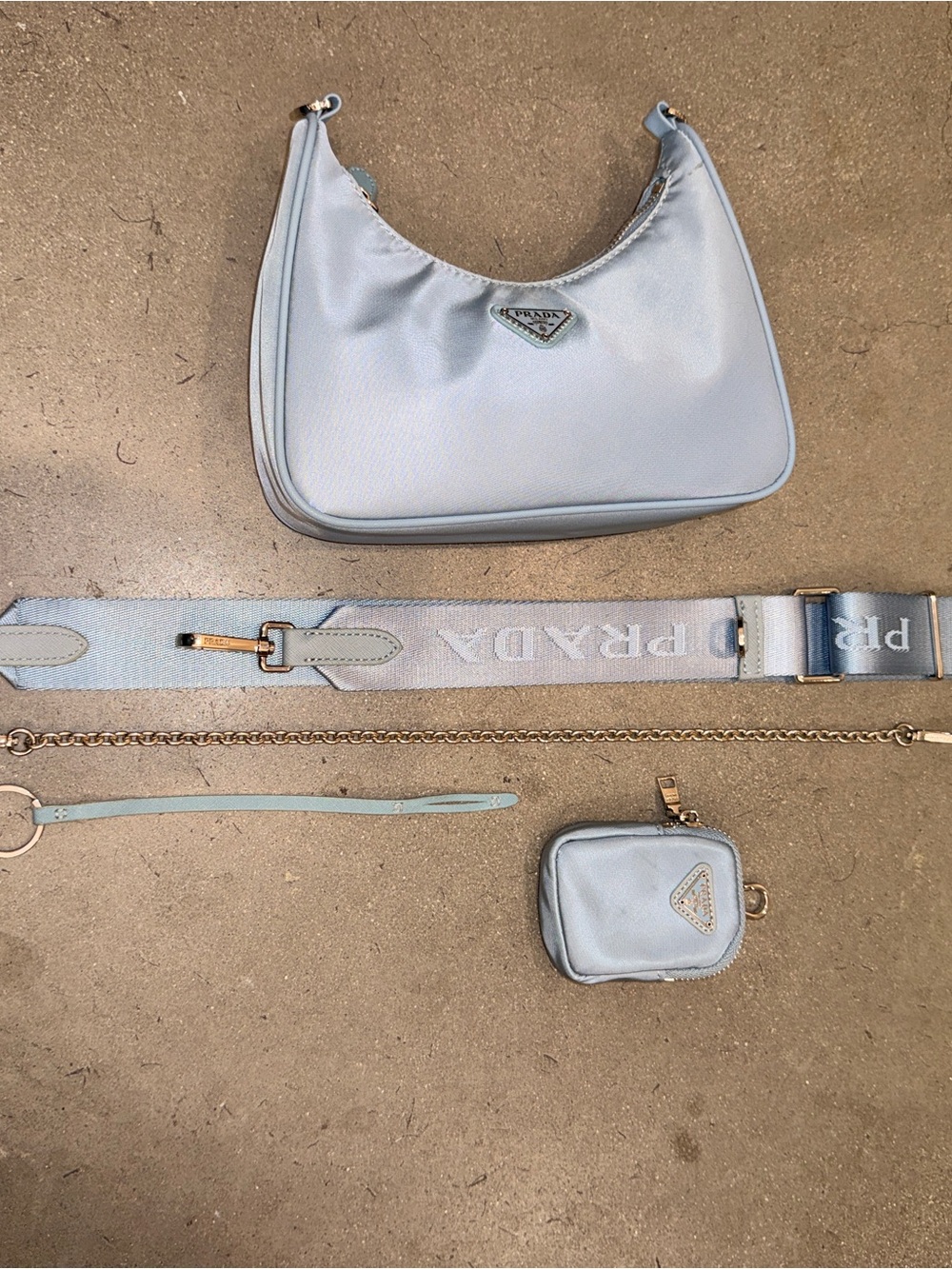 Prada 2005 reeditiom Light Blue Nylon full set w/ strap,chain,mini, leather tag